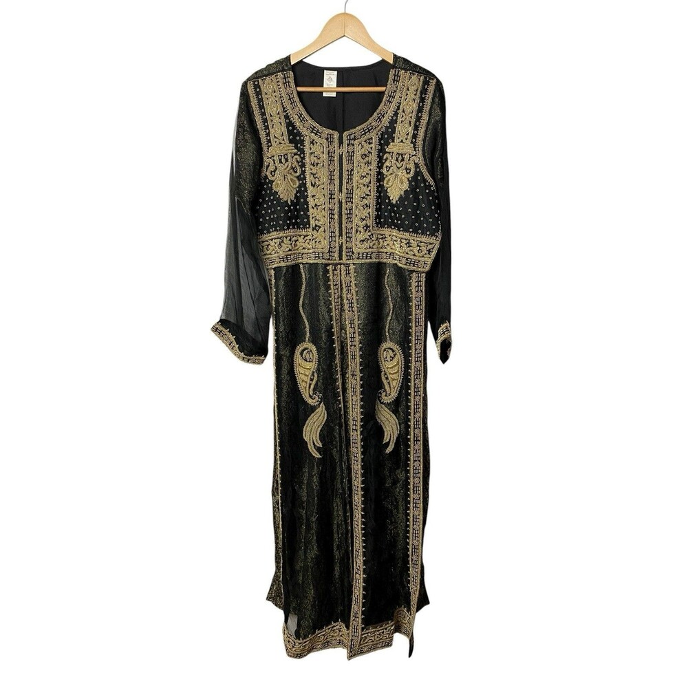 Pakistani Markaz E Haseen Black Gold Zari Abaya Kaftan Maxi Formal Dress L